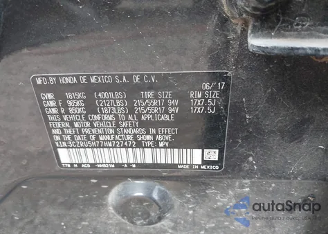 2017 Honda Hr-V Ex-L from USA, damaged, VIN 3CZRU5H77HM727472